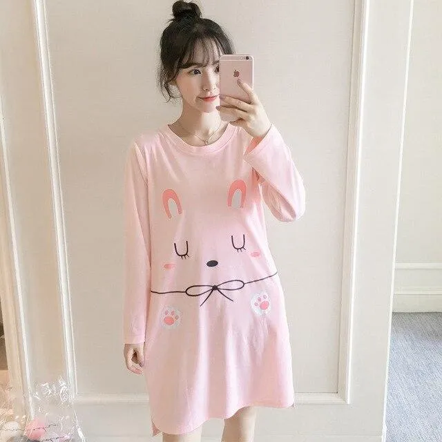 100% Cotton Nightgown for Women 2018 Autumn Long Sleeve Night Dress 90s Girls Cute Cartoon Home Sleep Clothing Female Nightdress