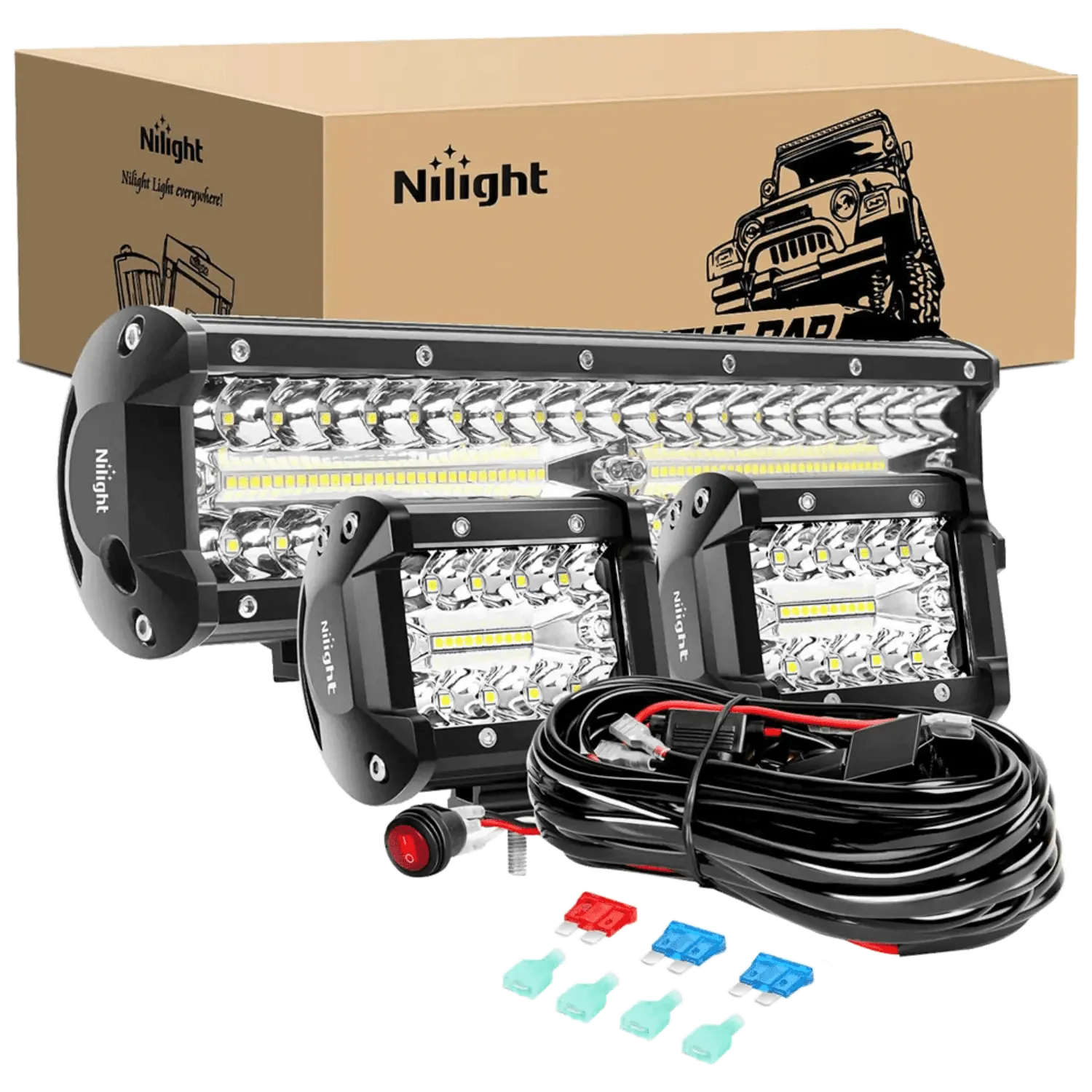 12 Inch 300W Triple Row Spot/Flood Led Light Bar Kit | 4 Inch 60W Led Pods (Pair)
