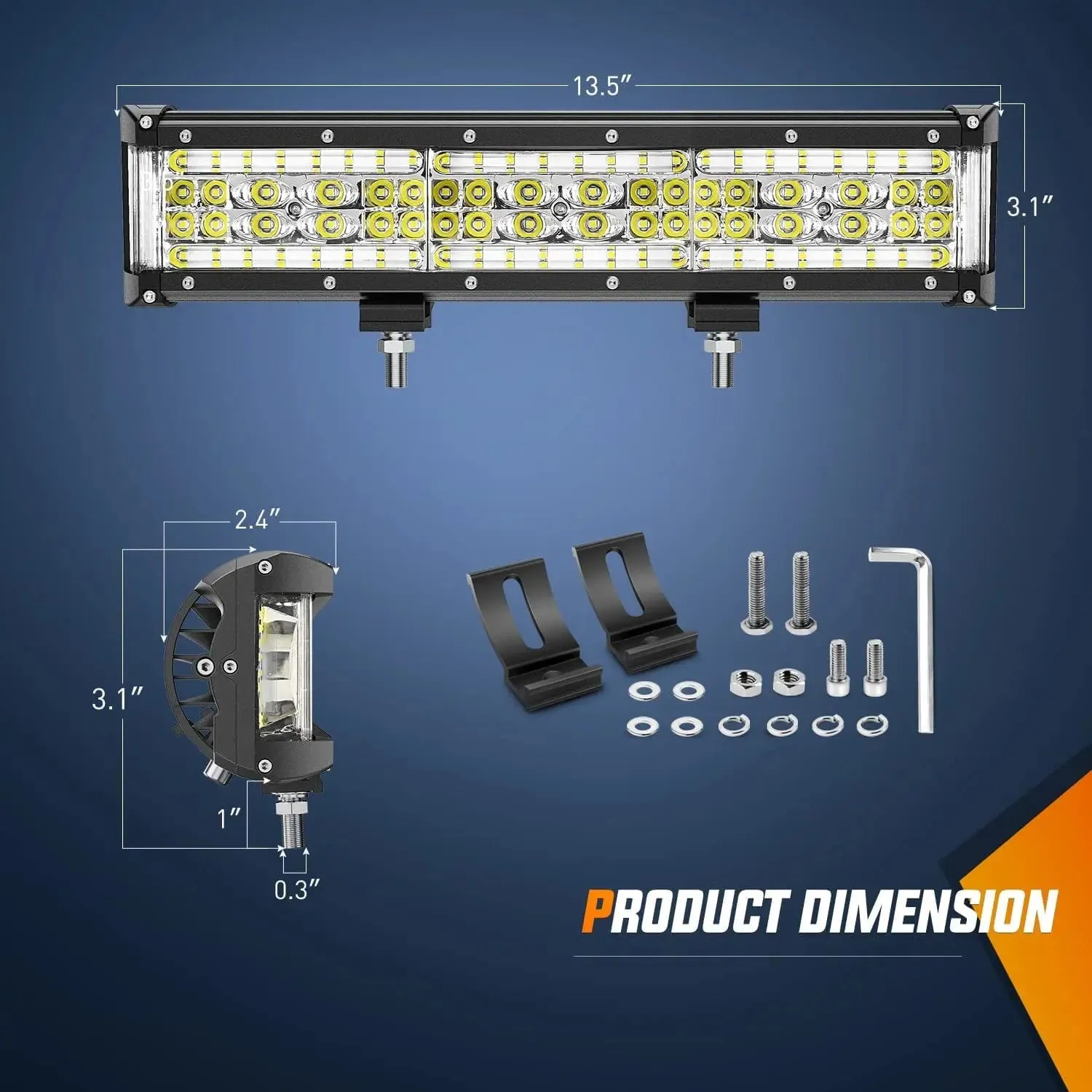 13.5 Inch 456W Side Shooter Quadruple Row Spot Flood LED Light Bar Kit | 16AWG Wire 3Pin Switch