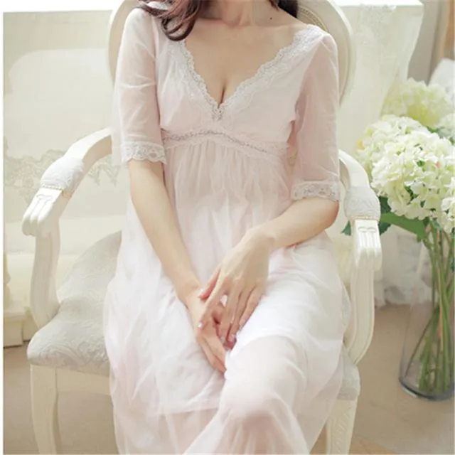 2019 Summer Elegant Sleepwear Romantic And Vintage Ladies Sexy Lace Home Dress Comfortable Long Nightgown Sleepshirts #H4