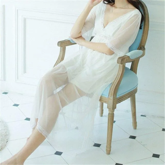 2019 Summer Elegant Sleepwear Romantic And Vintage Ladies Sexy Lace Home Dress Comfortable Long Nightgown Sleepshirts #H4