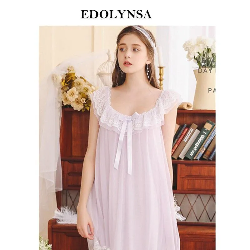 2019 Summer Sleepwear Women Home Wear Vintage Nightgown Sexy U Neck Lace Ruffle Collar Sleeveless Cotton Lining Night Dress H838