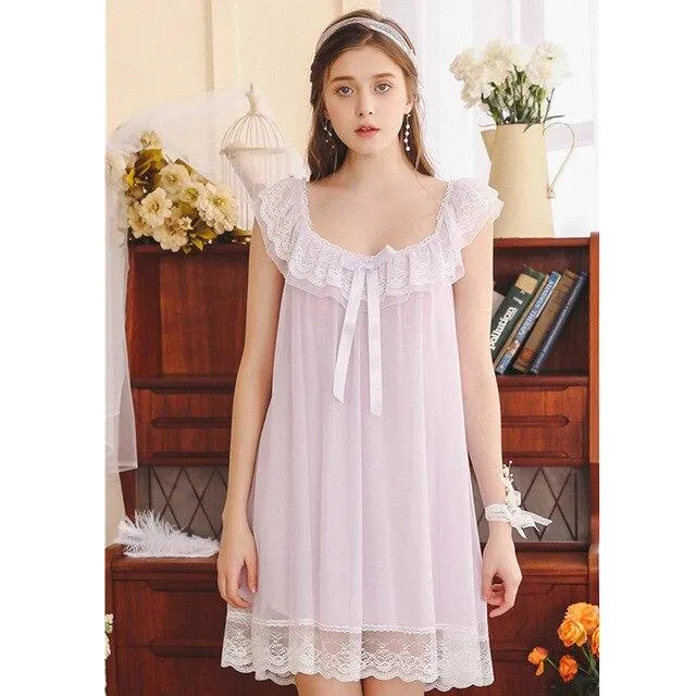 2019 Summer Sleepwear Women Home Wear Vintage Nightgown Sexy U Neck Lace Ruffle Collar Sleeveless Cotton Lining Night Dress H838