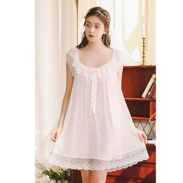 2019 Summer Sleepwear Women Home Wear Vintage Nightgown Sexy U Neck Lace Ruffle Collar Sleeveless Cotton Lining Night Dress H838