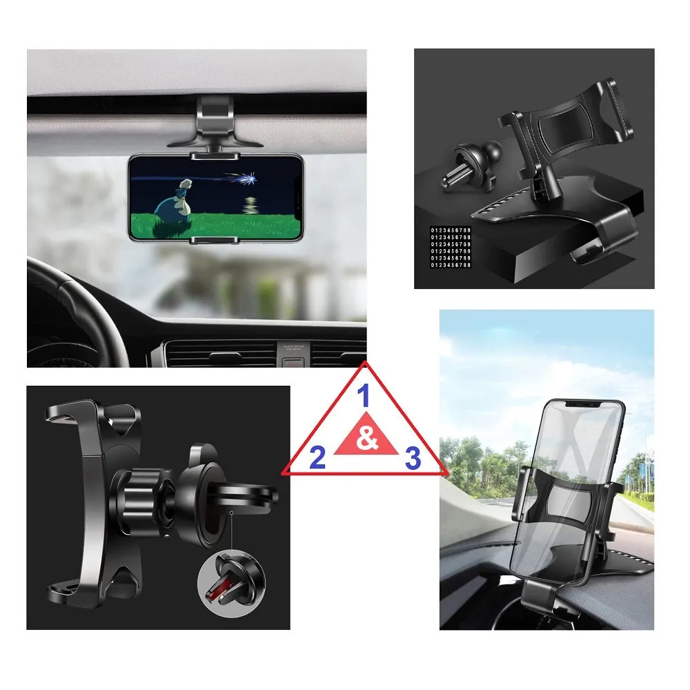 3 in 1 Car GPS Smartphone Holder: Dashboard / Visor Clamp   AC Grid Clip for Switel Sunny S52D - Black