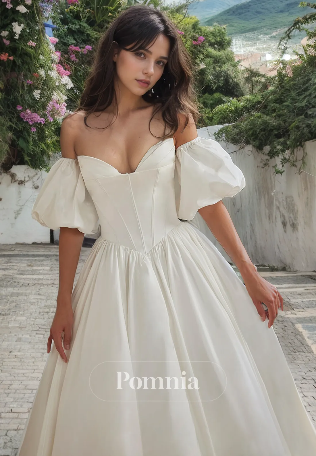 A-Line Off-Shoulder Sweetheart Empire-Waist Satin Pleated Long Beach Dress