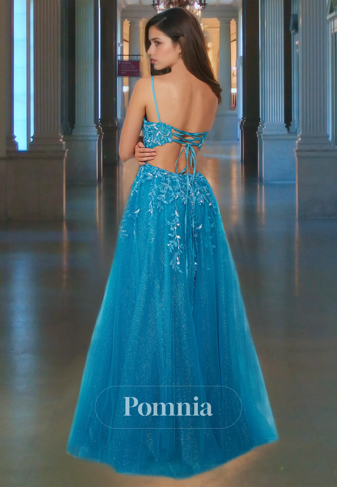A-Line Spaghetti Straps Corset Tulle Formal Party Dress with Slit  Appliques Prom Evening Dress