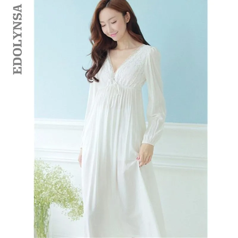 Autumn Vintage Nightgowns V-neck Ladies Dresses Princess White Sexy Sleepwear Lace Home Dress Comfortable Long Nightdress #HH13