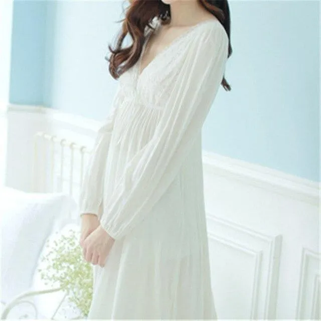 Autumn Vintage Nightgowns V-neck Ladies Dresses Princess White Sexy Sleepwear Lace Home Dress Comfortable Long Nightdress #HH13