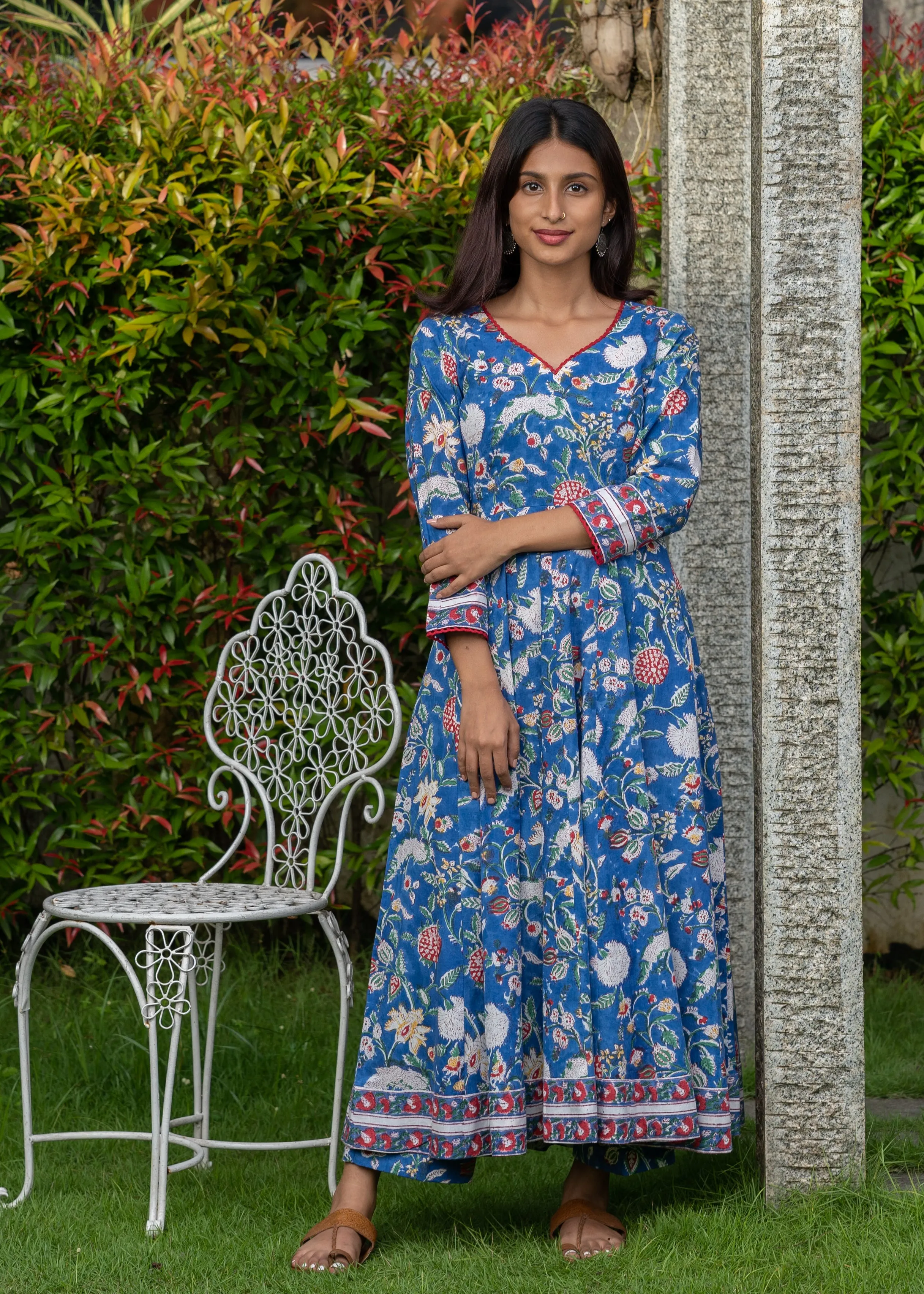 Blue Hand-Blocked Floral Printed Anarkali