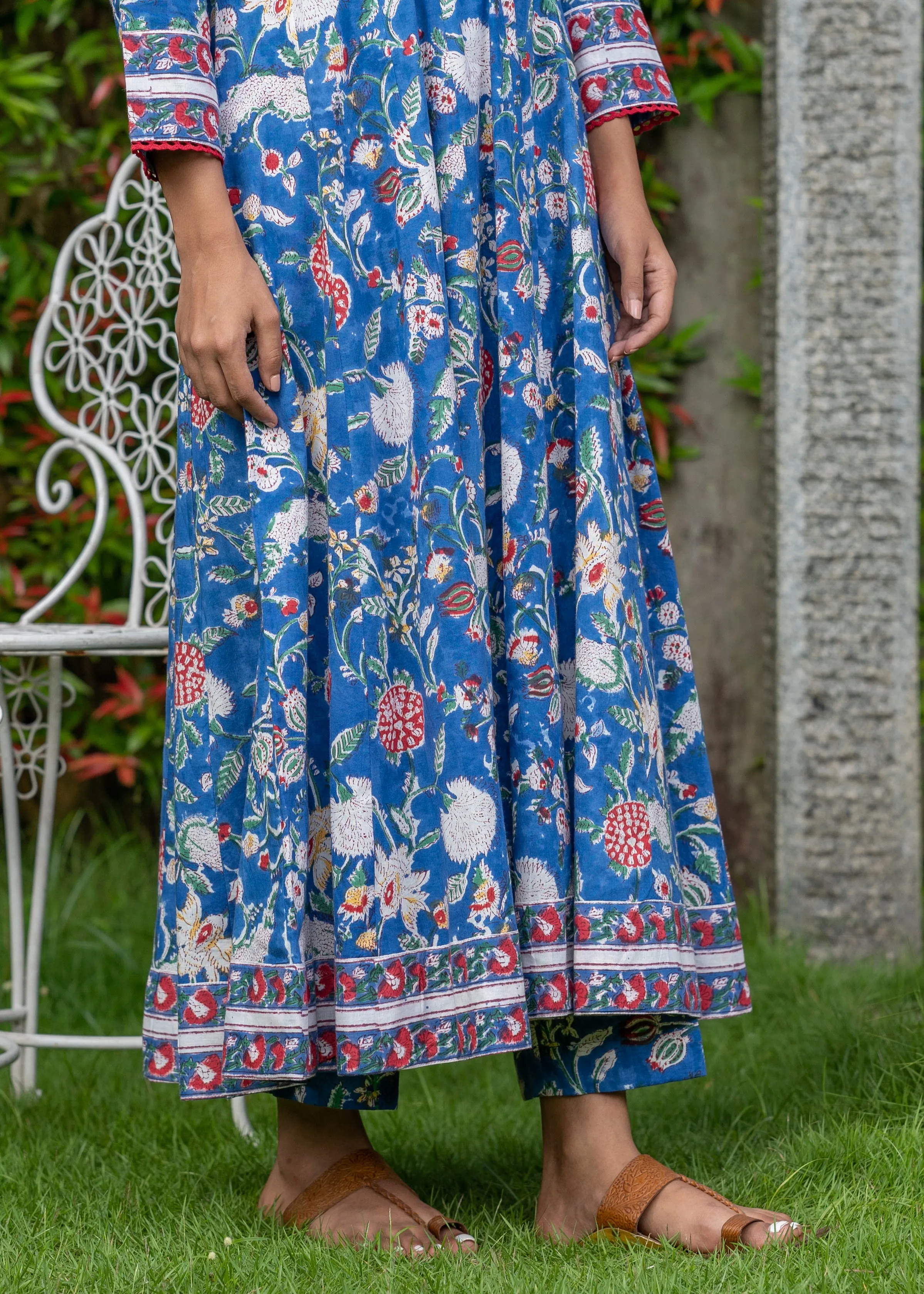 Blue Hand-Blocked Floral Printed Anarkali