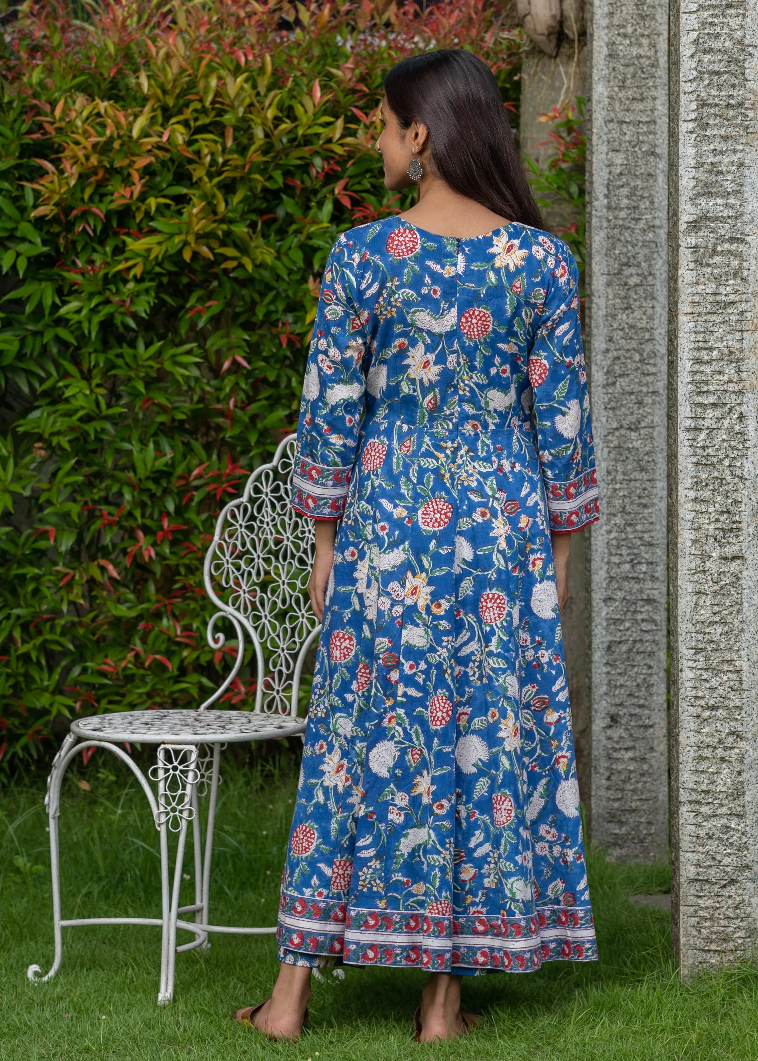 Blue Hand-Blocked Floral Printed Anarkali