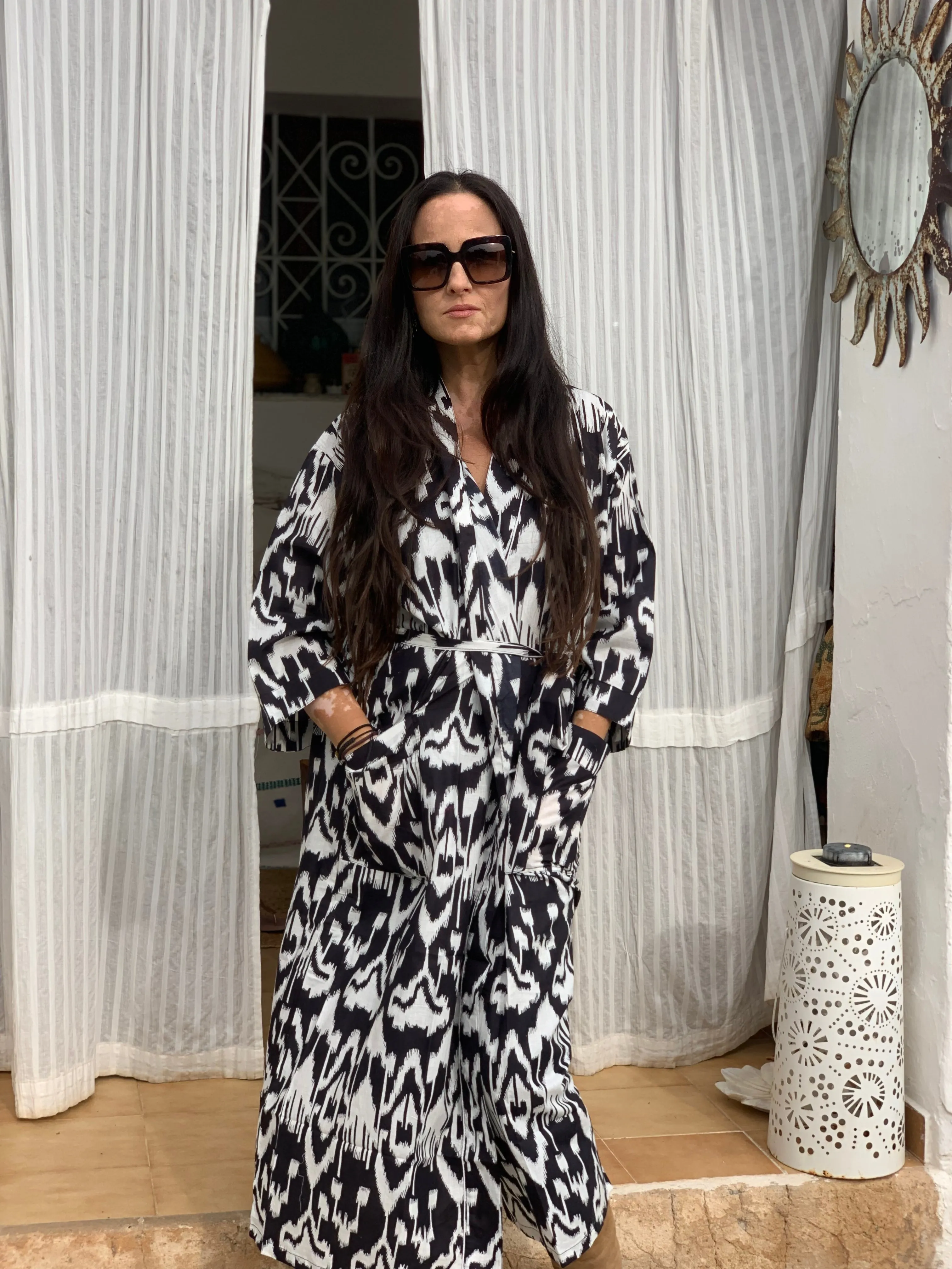 Ikat  kimono  , bath robe , home wear in happy block print cotton