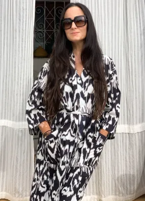Ikat  kimono  , bath robe , home wear in happy block print cotton