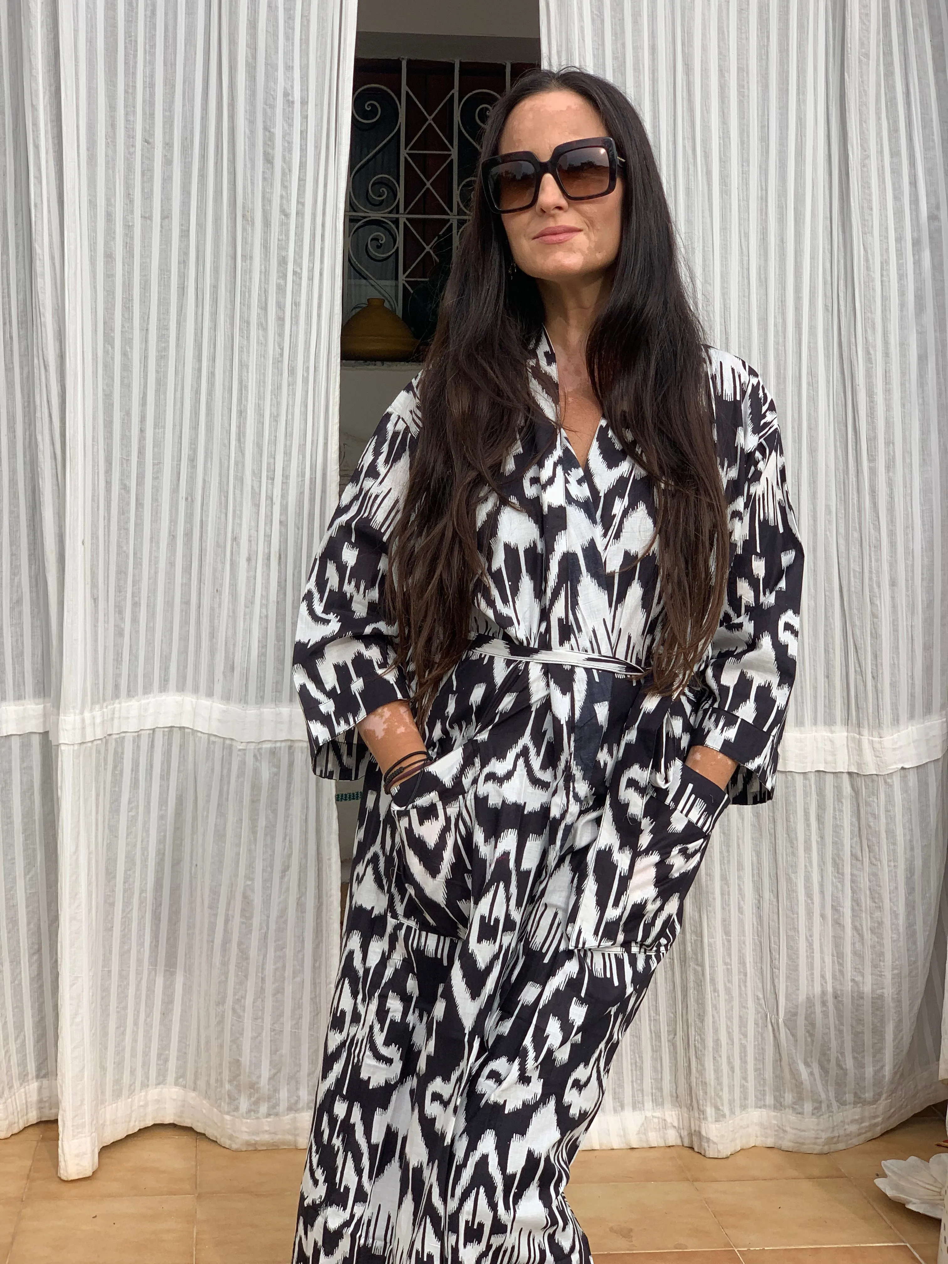 Ikat  kimono  , bath robe , home wear in happy block print cotton