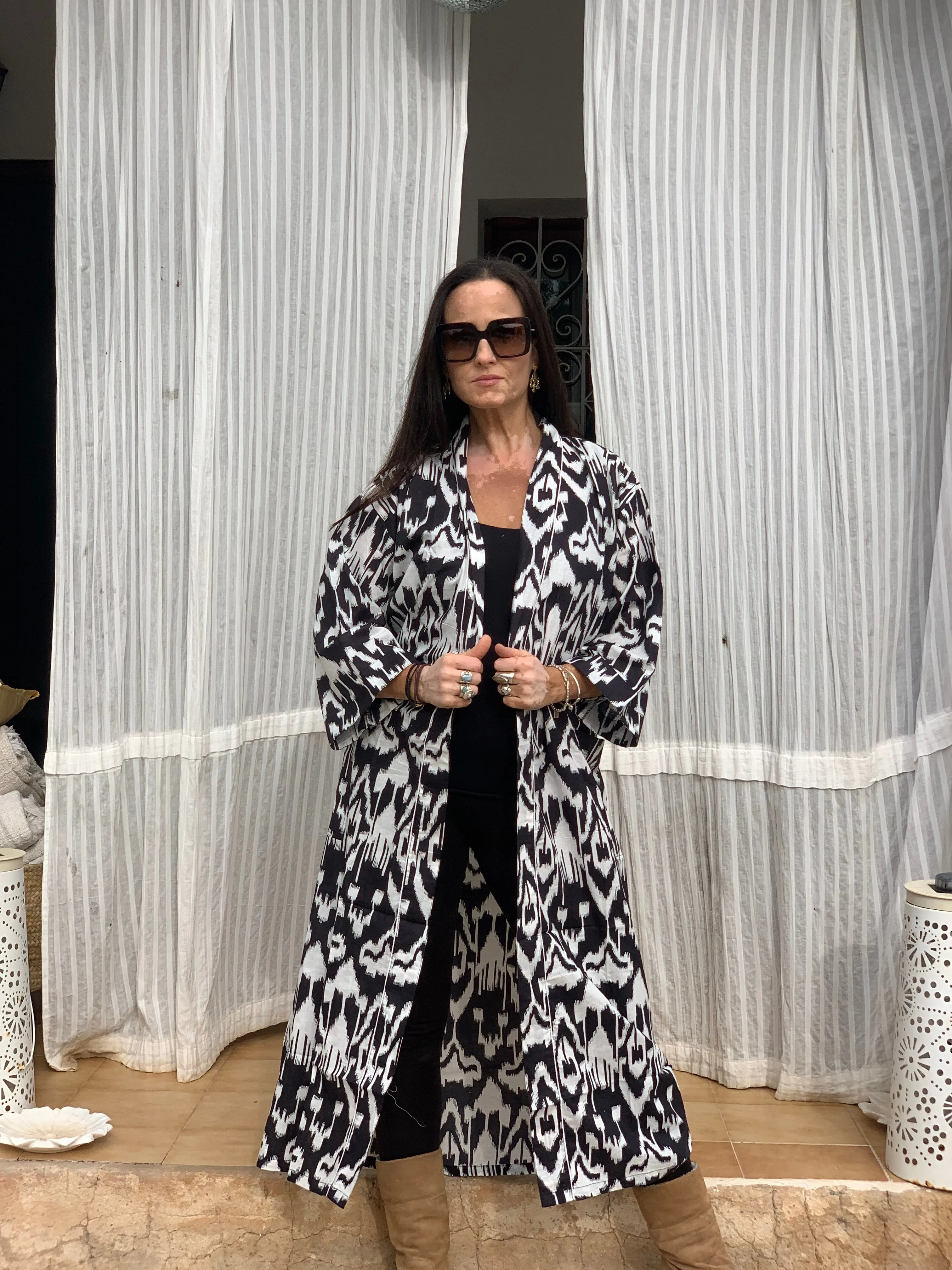 Ikat  kimono  , bath robe , home wear in happy block print cotton