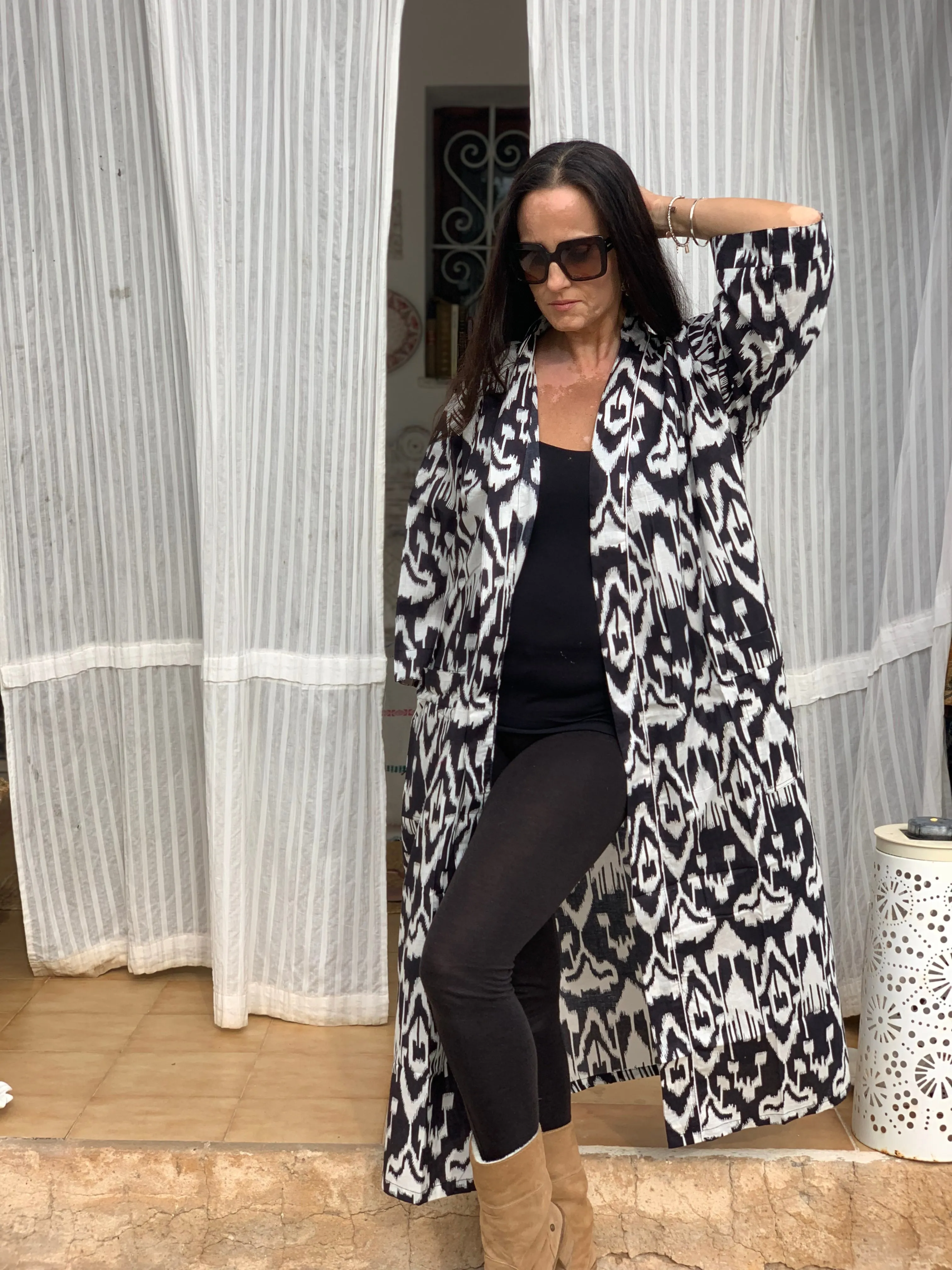 Ikat  kimono  , bath robe , home wear in happy block print cotton
