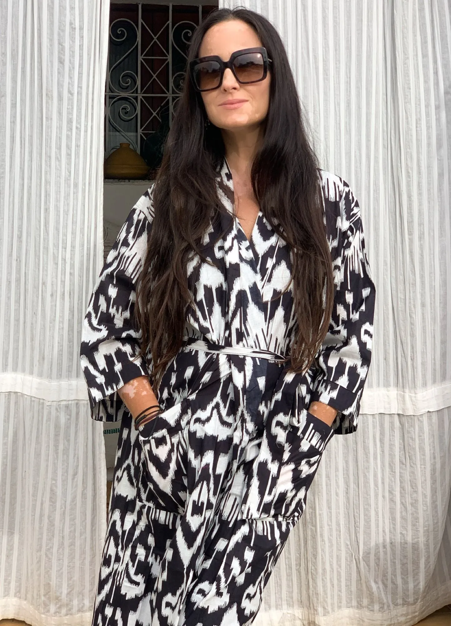 Ikat  kimono  , bath robe , home wear in happy block print cotton