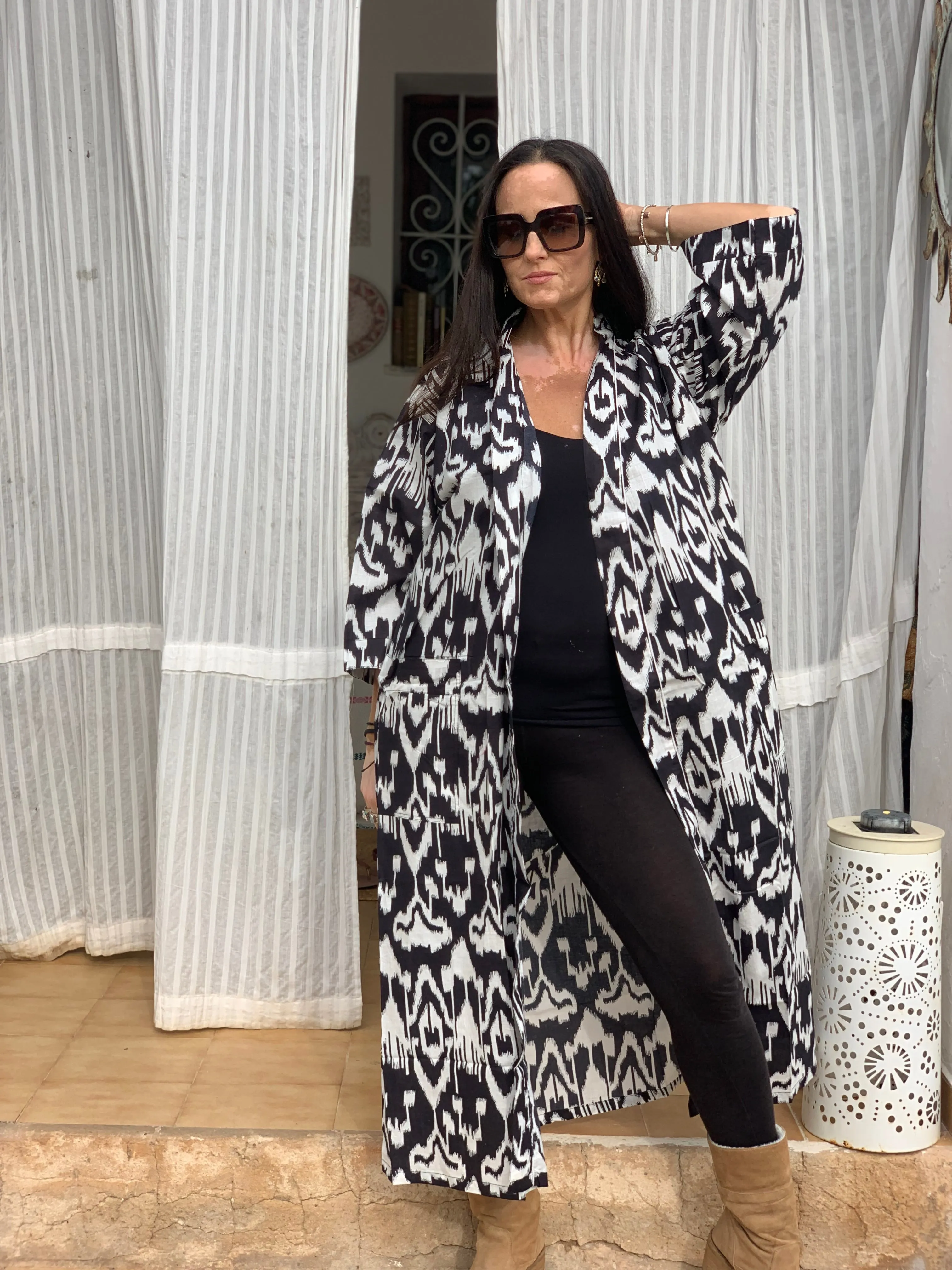 Ikat  kimono  , bath robe , home wear in happy block print cotton