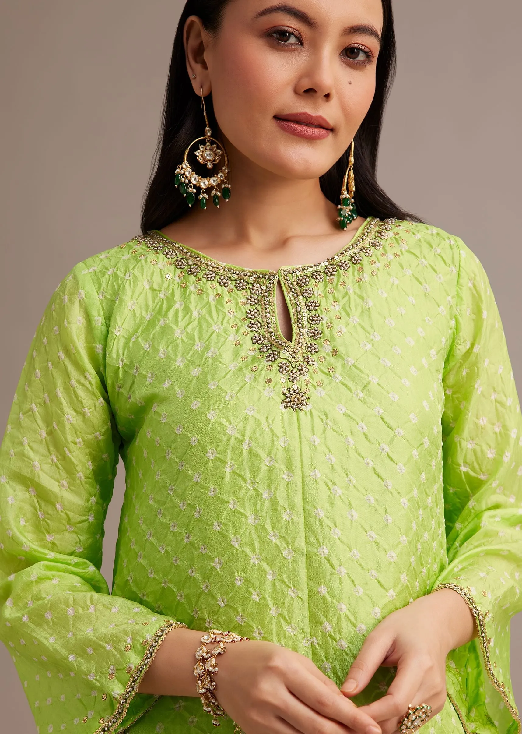 Light Green Bandhani High Low Kurta Set With Dhoti