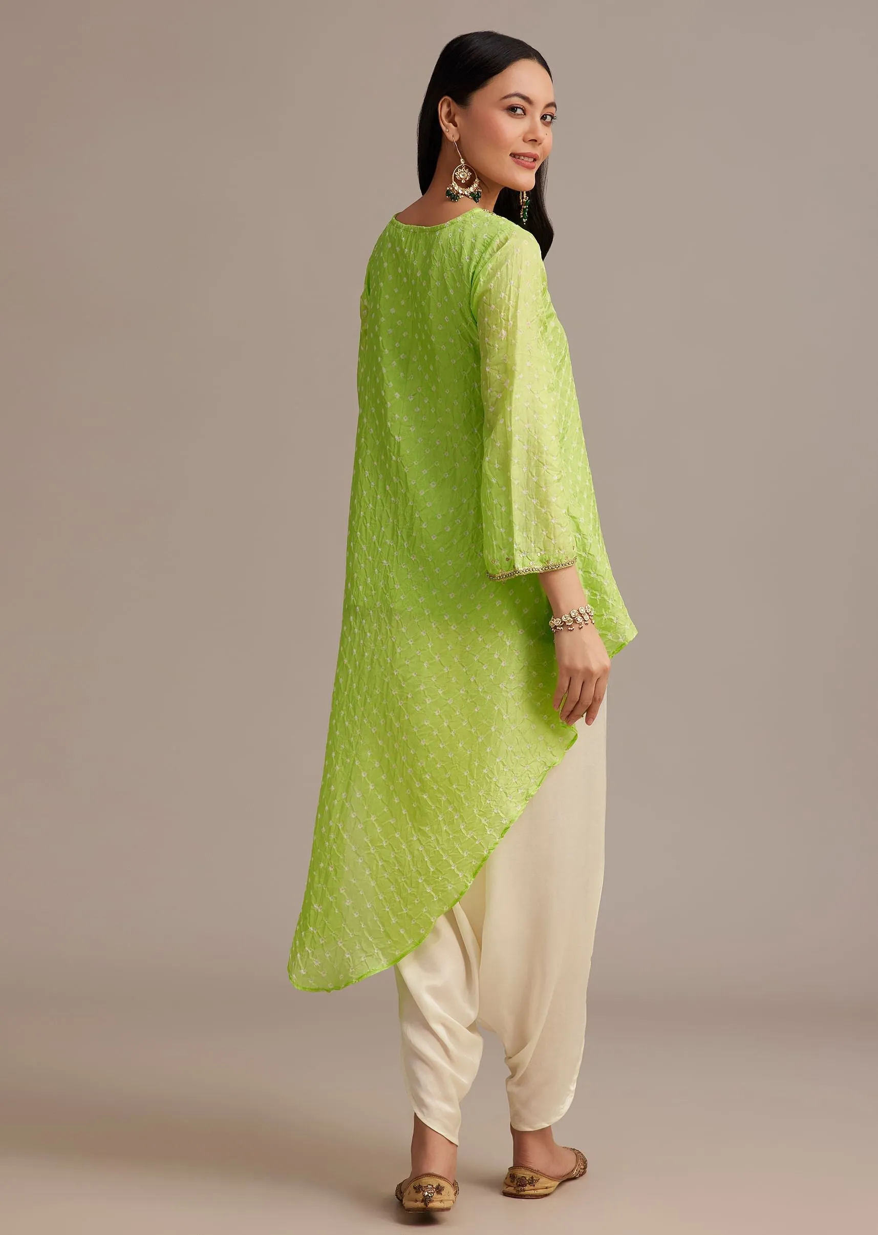 Light Green Bandhani High Low Kurta Set With Dhoti