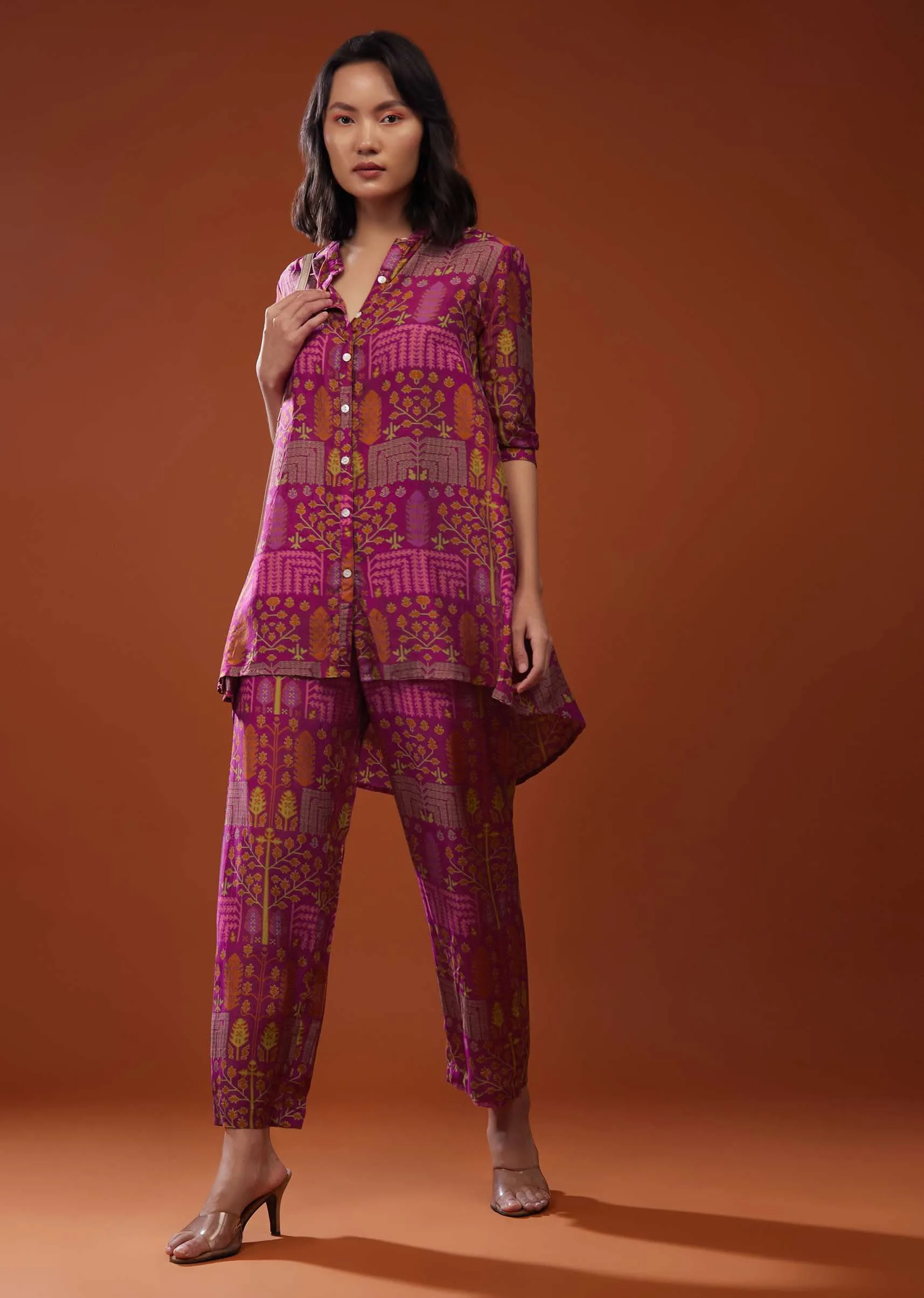 Magenta Pink Printed Silk Co-ord Set