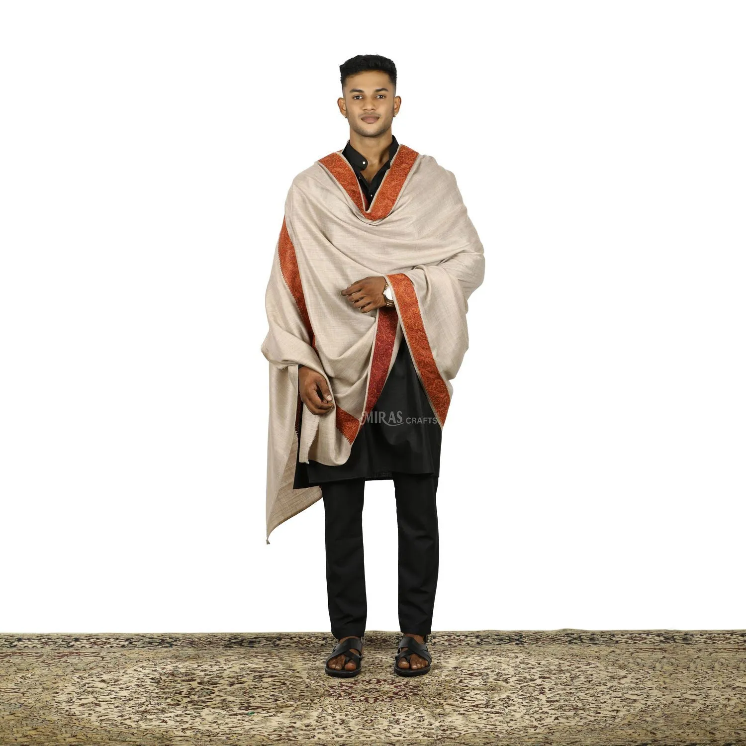 Miras Carfts Sozni double Doridar Mens shawl Natural light Beige