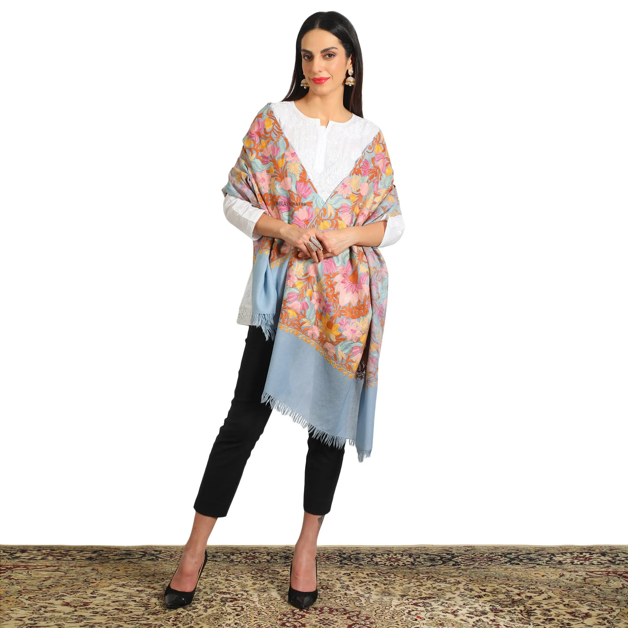 Miras Crafts Womens Aari Embroidery Stole Multi Roses, Gulaabdar Light Gray