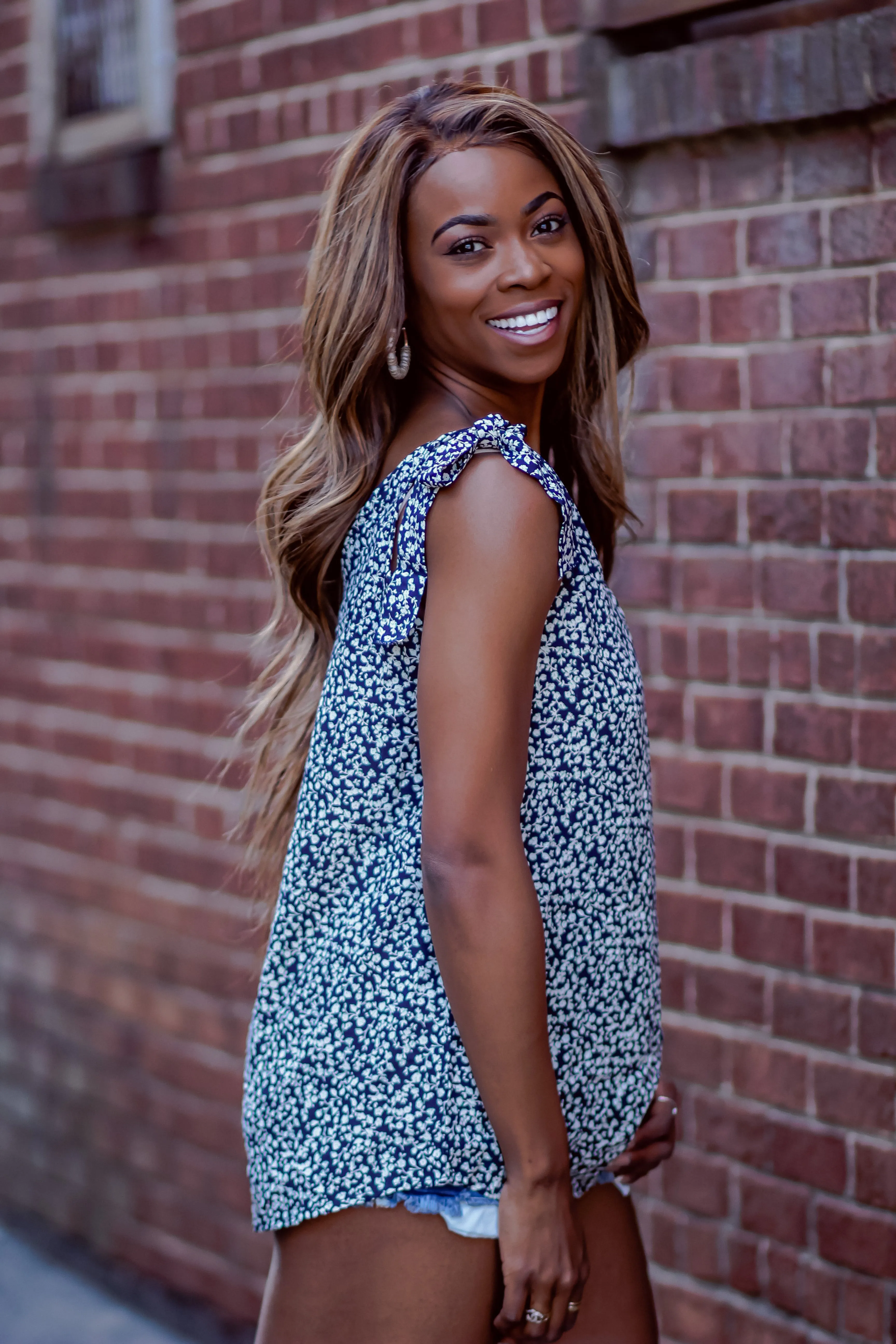 Navy Floral Tie Shoulder Top