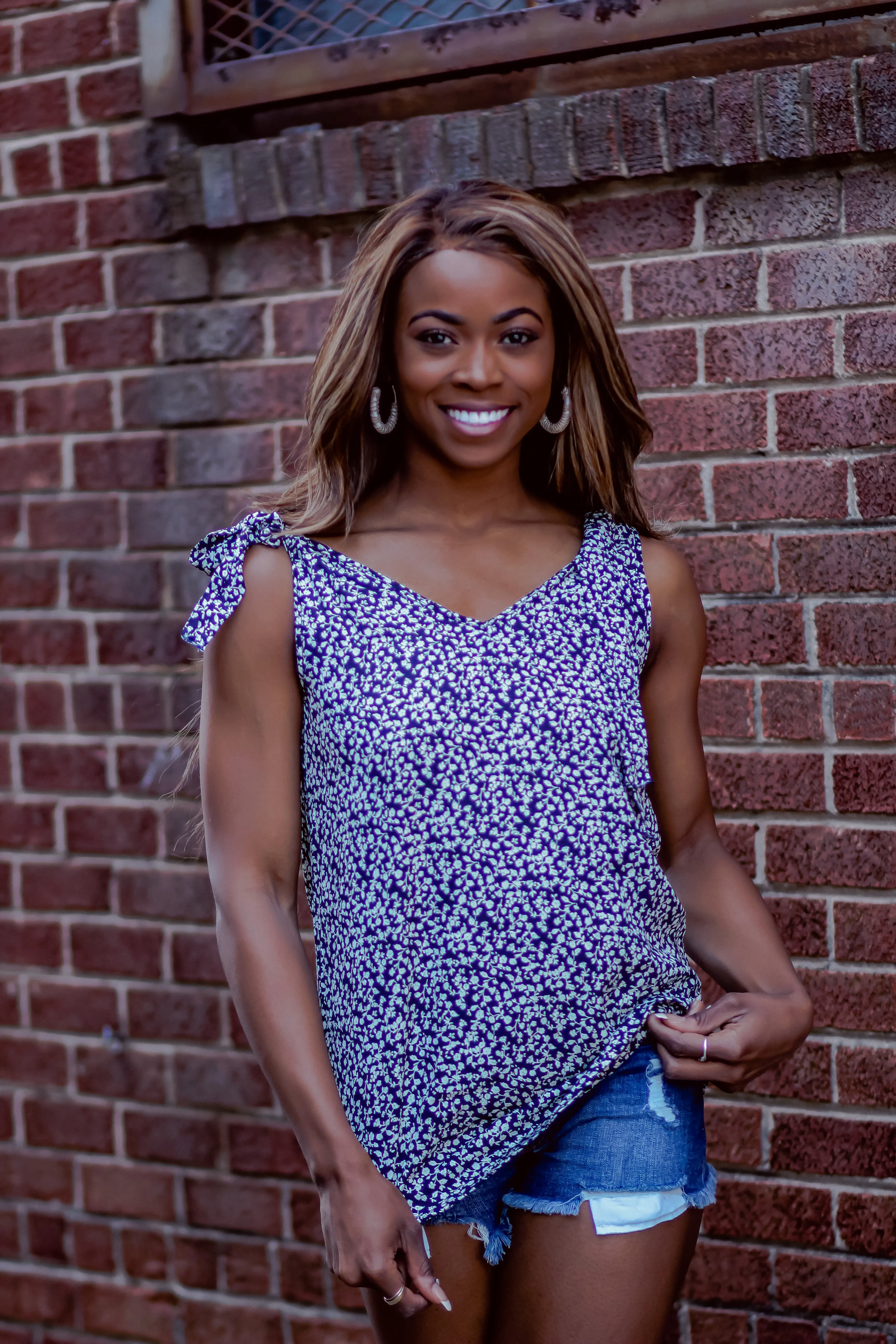 Navy Floral Tie Shoulder Top