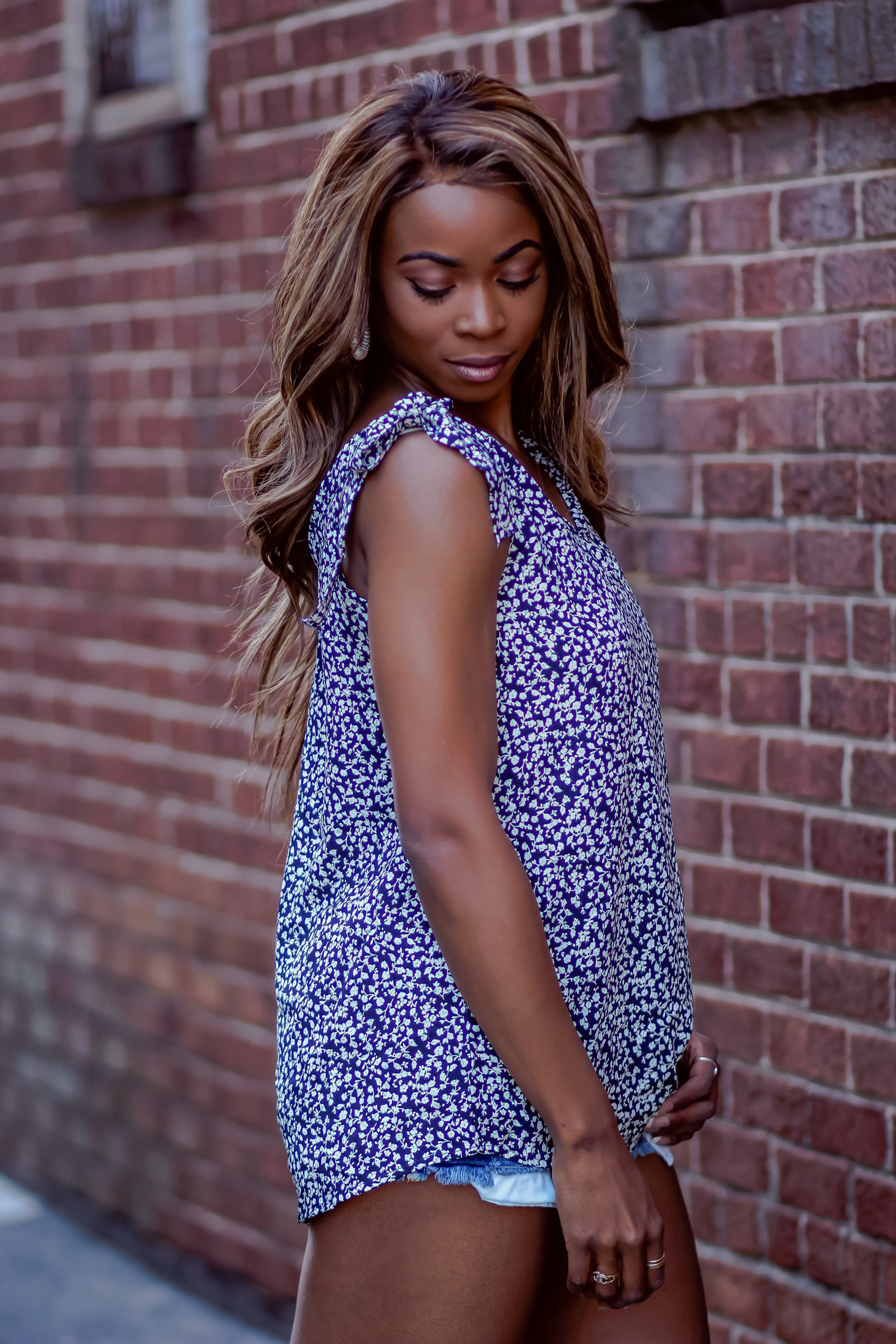 Navy Floral Tie Shoulder Top