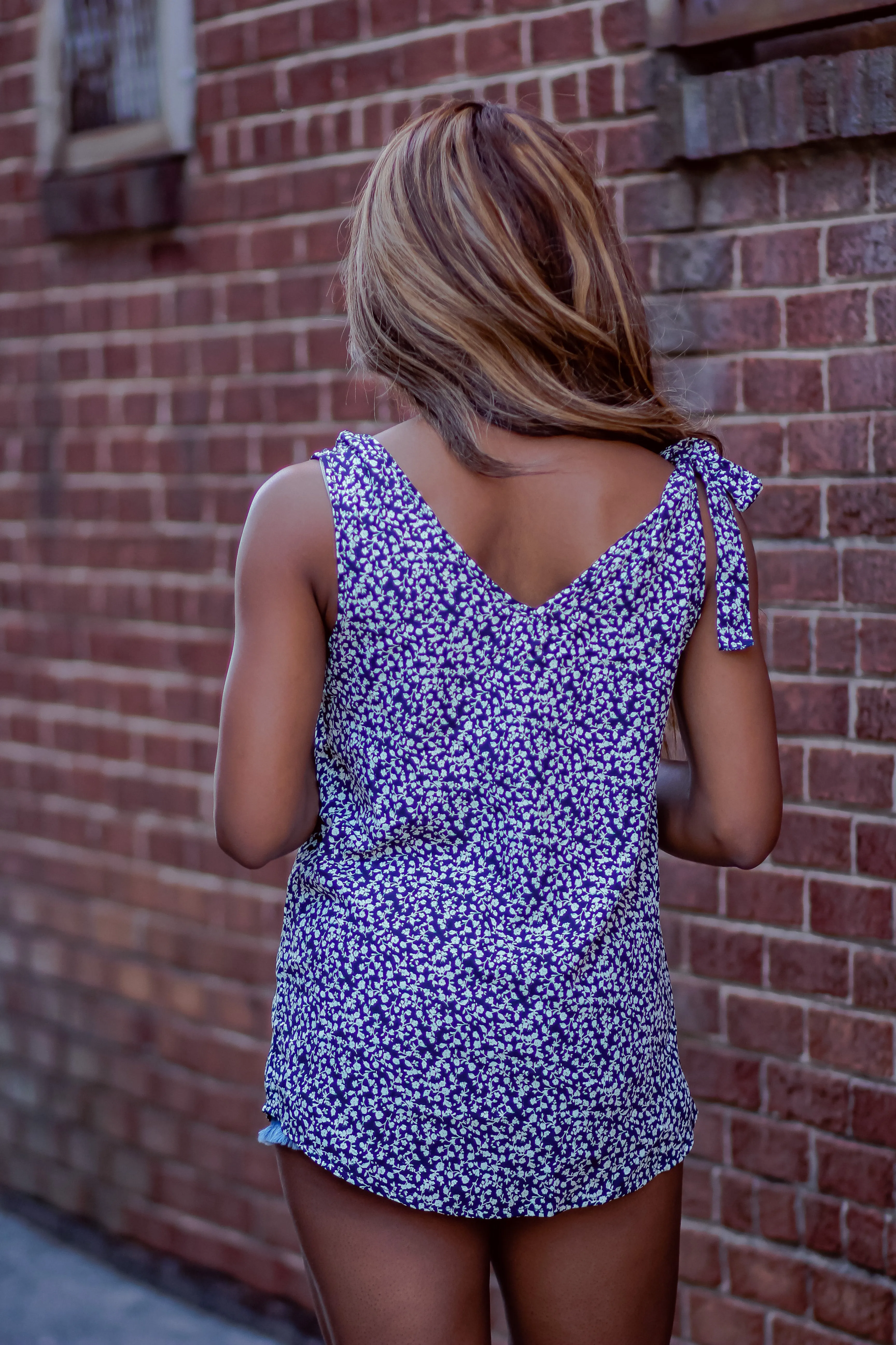 Navy Floral Tie Shoulder Top