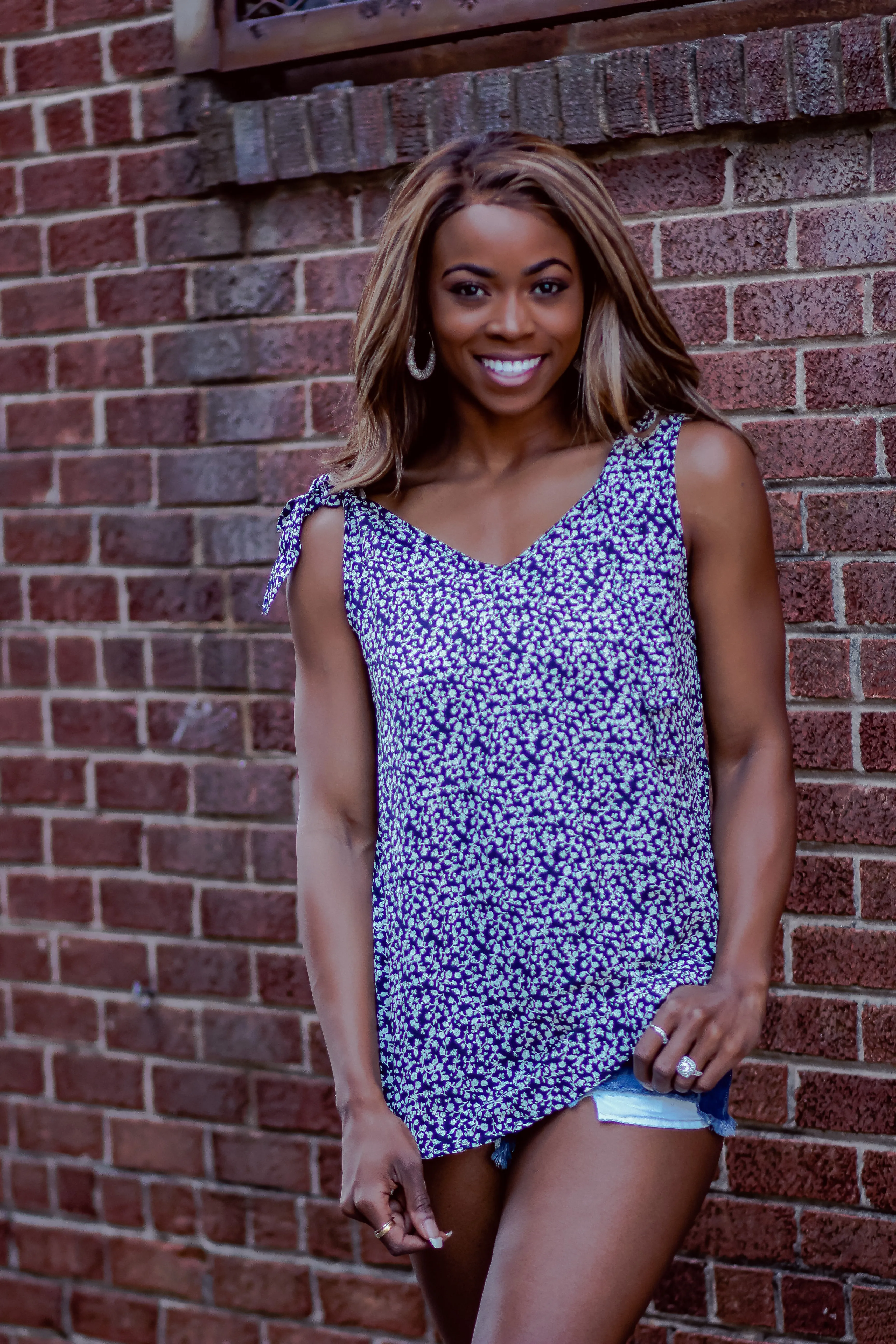 Navy Floral Tie Shoulder Top