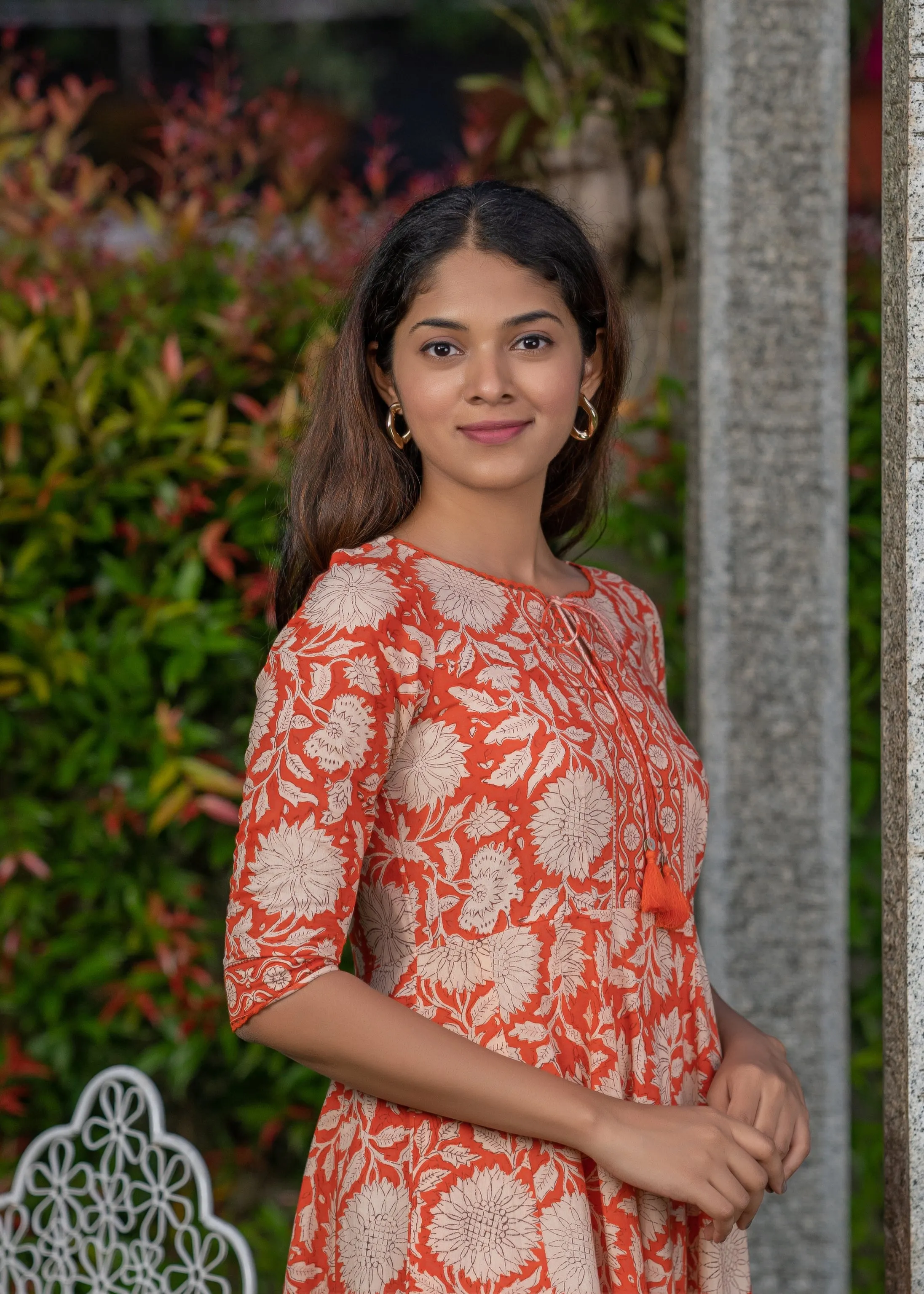 Orange Hand-Blocked Floral Printed Anarkali