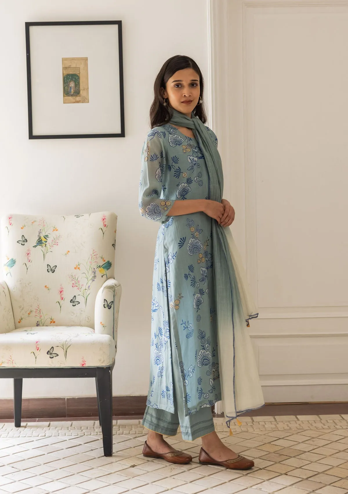 Powder Blue Floral Kurta Set