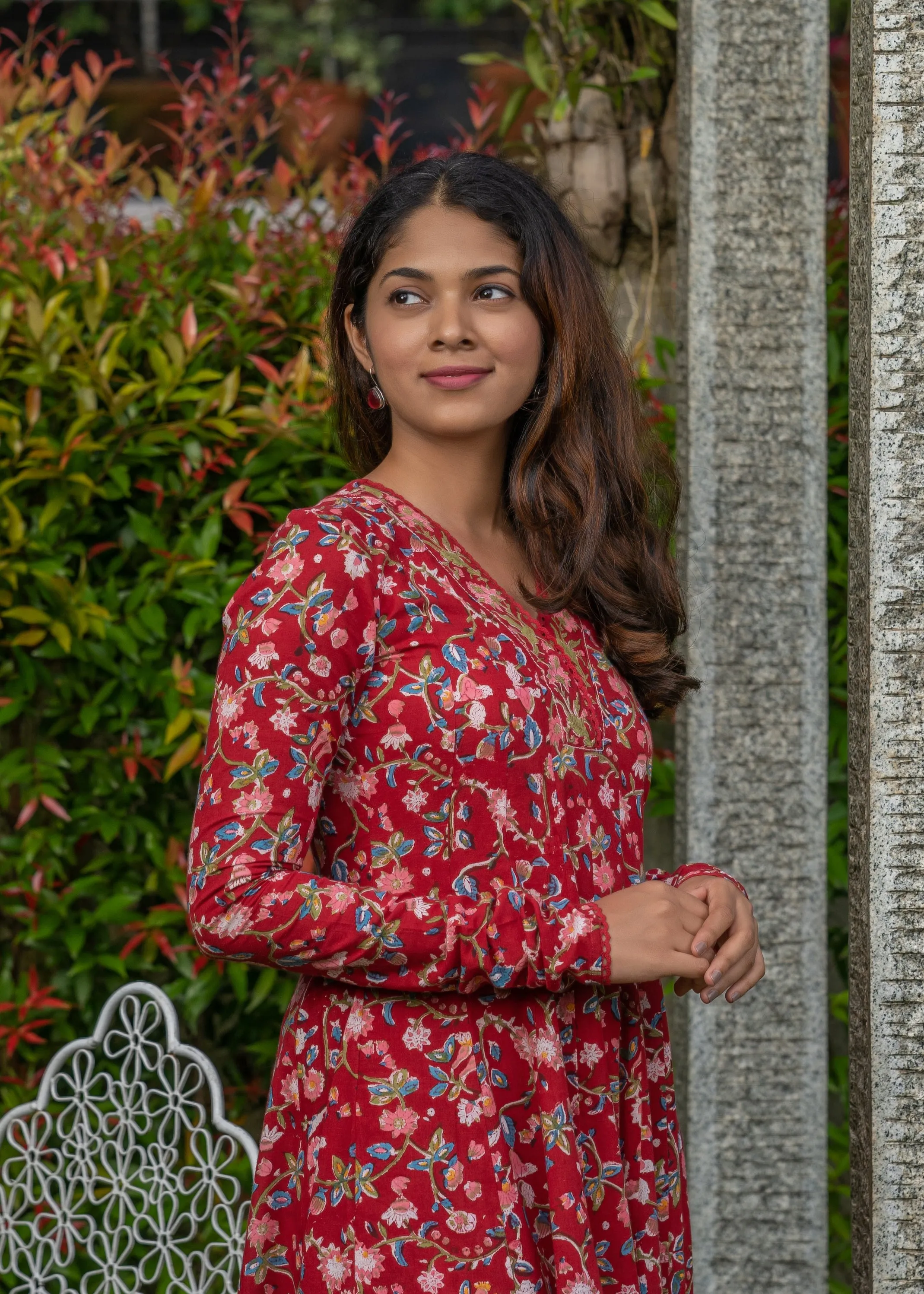 Red Hand-Blocked Jaal Printed Anarkali