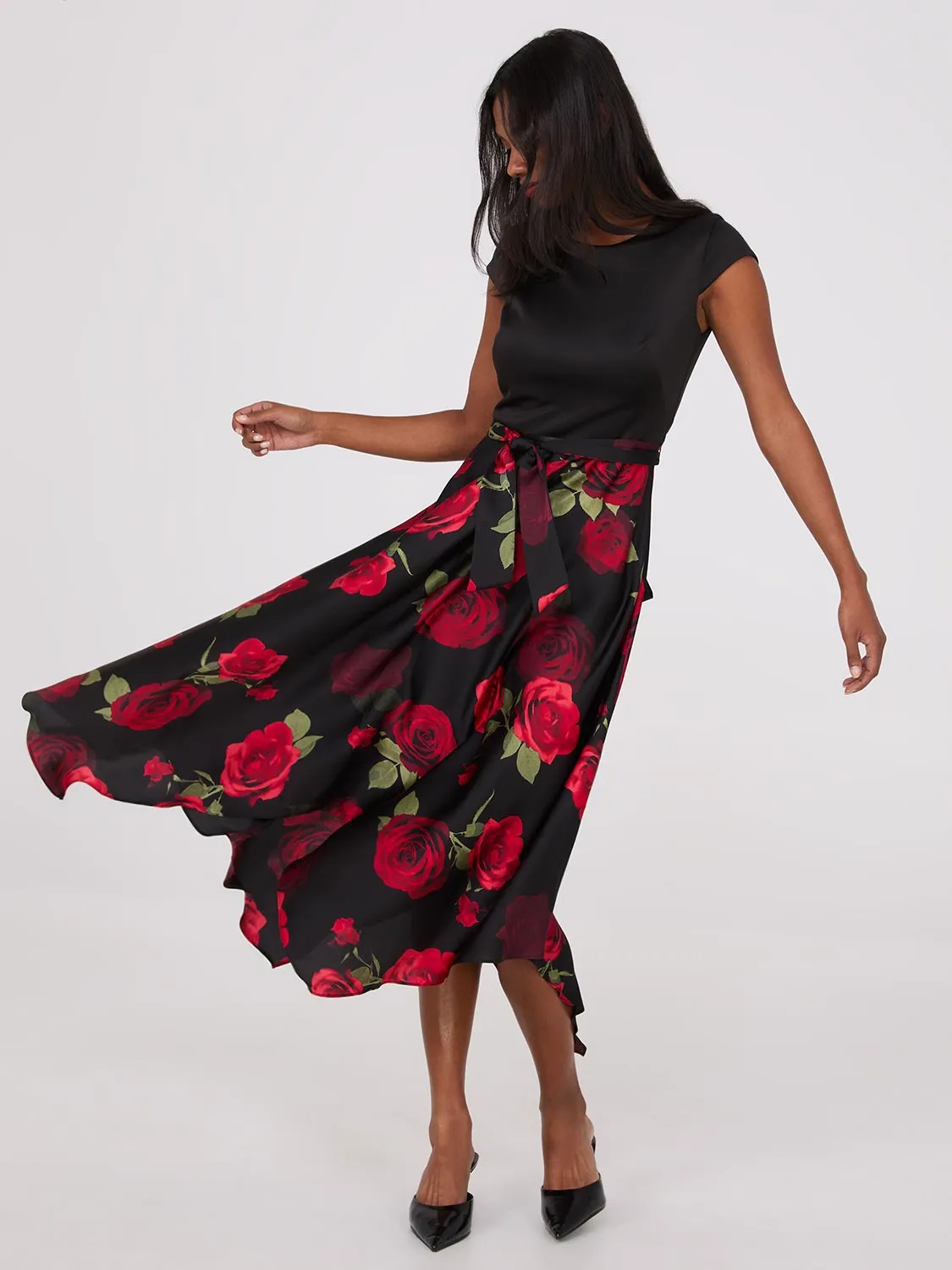 Scuba Midi Dress With Printed Satin Skirt