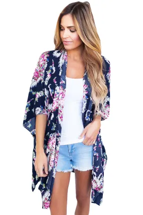 Sexy Flower Print Open Front Kimono in Navy