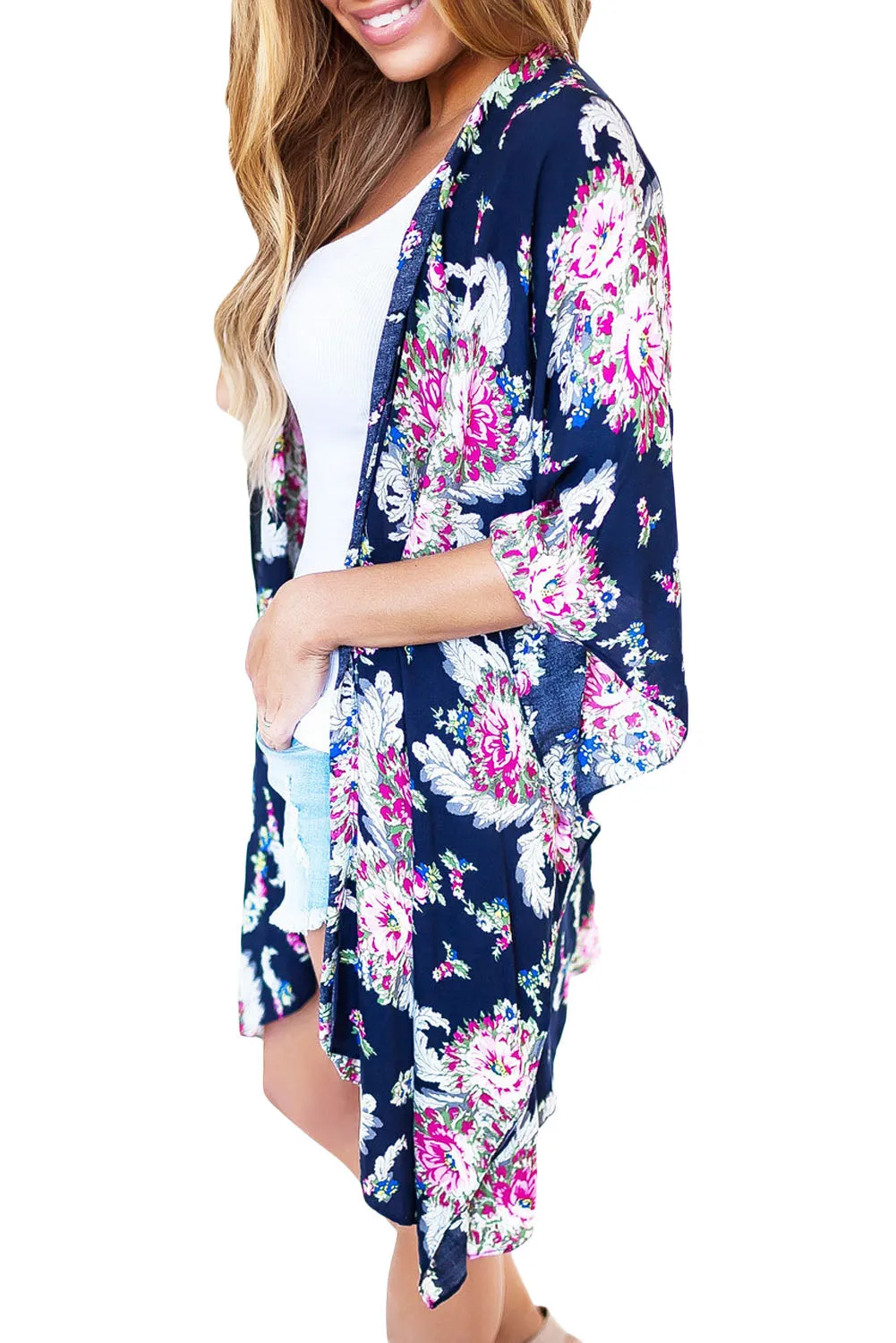 Sexy Flower Print Open Front Kimono in Navy