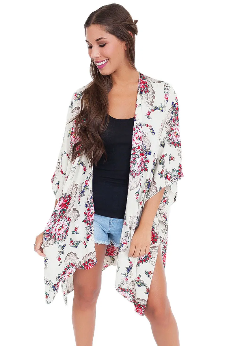 Sexy Flower Print Open Front Kimono in White