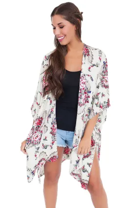Sexy Flower Print Open Front Kimono in White