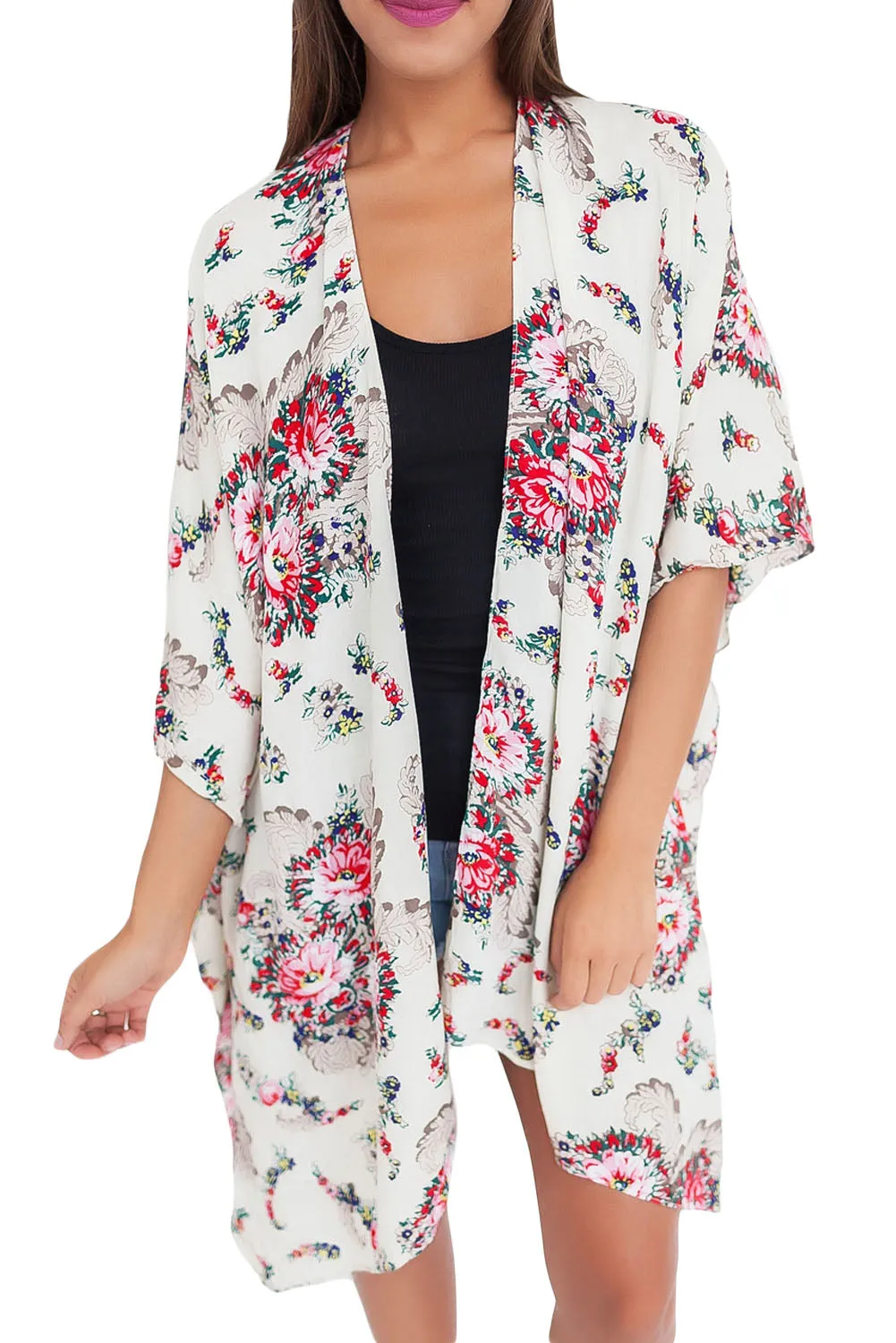 Sexy Flower Print Open Front Kimono in White
