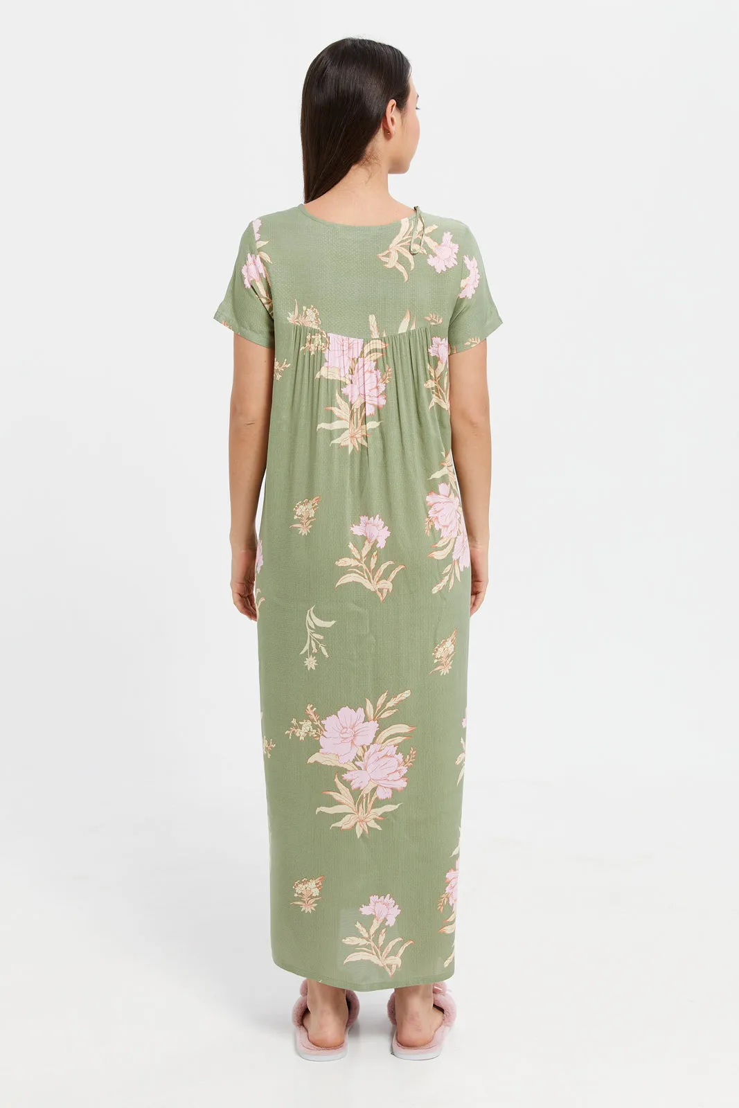 Women Green Printed Dobby Nightgown