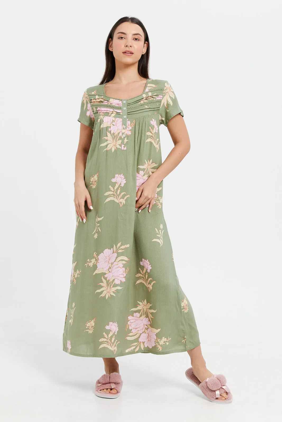 Women Green Printed Dobby Nightgown