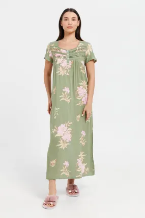 Women Green Printed Dobby Nightgown