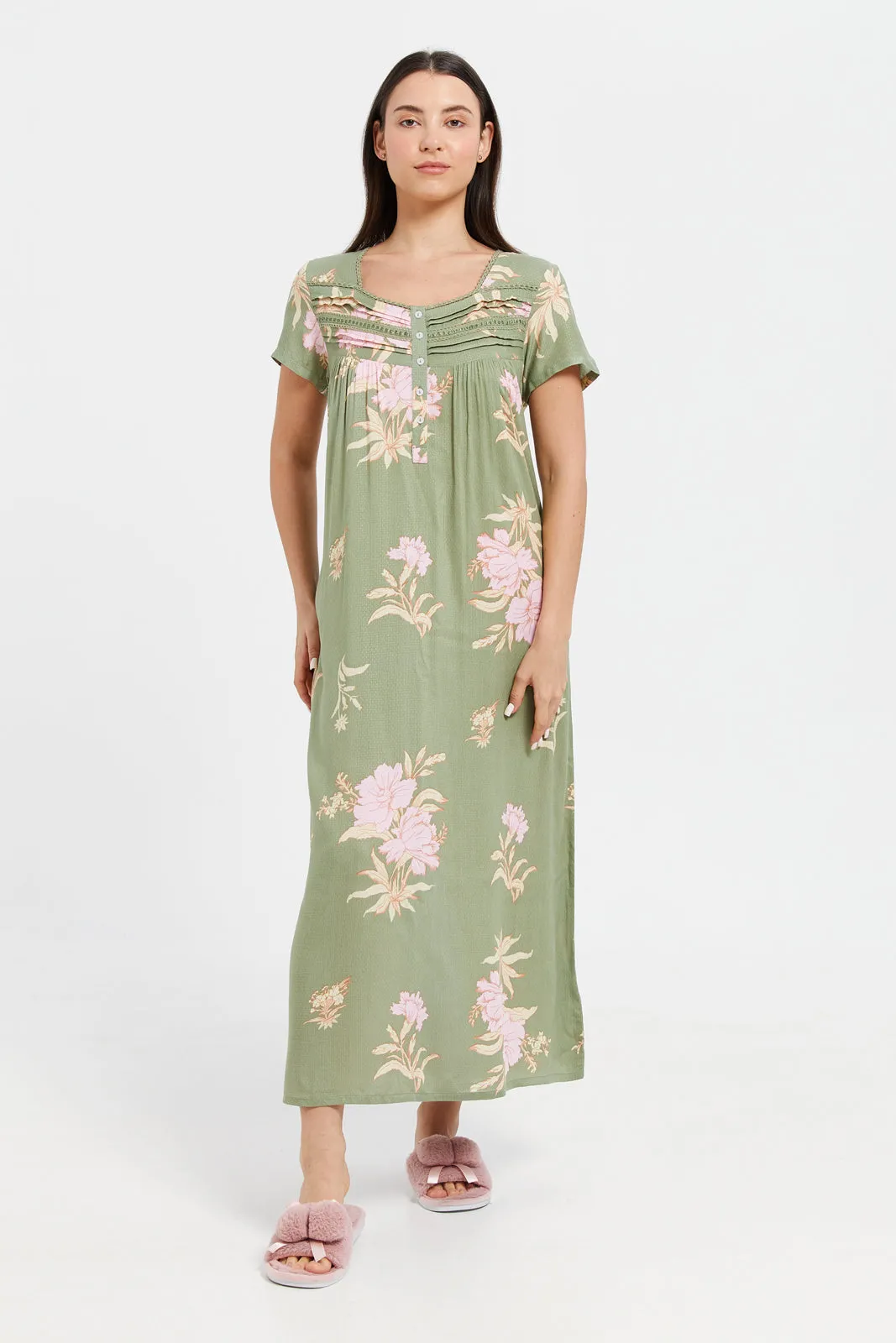 Women Green Printed Dobby Nightgown