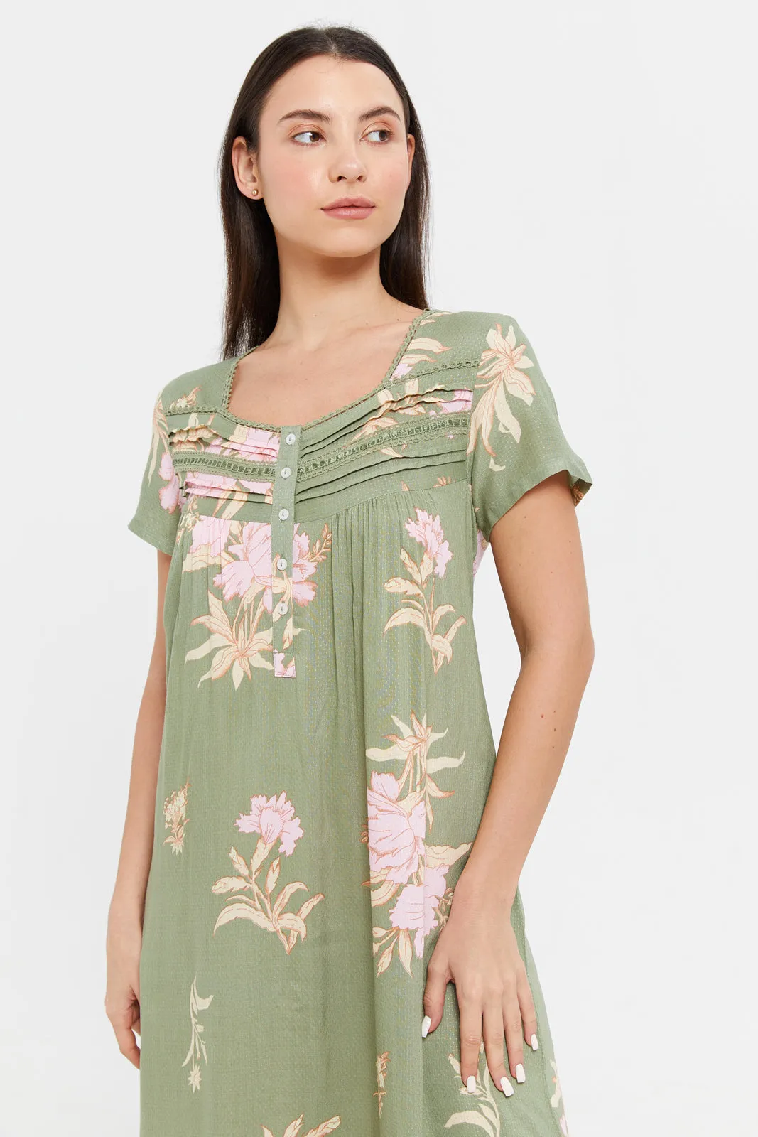 Women Green Printed Dobby Nightgown