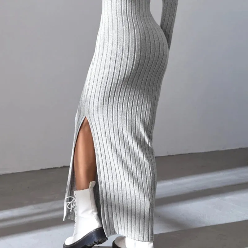 Womens knit V-neck reverse neck split maxi dress